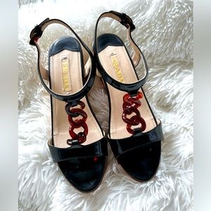 Prada Women's Brown Strap Cork Wedge Sandals with cable Size 37